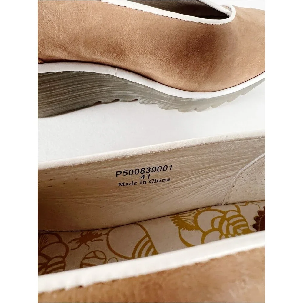 Fly London Yuca Tan Leather White Trim Wedge Slip-On Platform Size 10-10.5